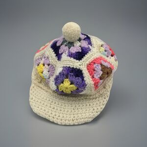 Vintage Crochet Granny Square Hat  Boho Golf Newsboy Cap  Retro Hippie